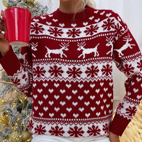 Red Casual Women's Christmas Knit Pullover Drop Shoulder Sweater - Picture 1 of 6